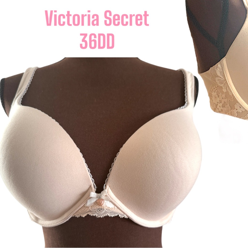 Victoria's Secret Cream Bra 36DD, VC Paddec Up Bra, Beige/Nude, Lace Trim
